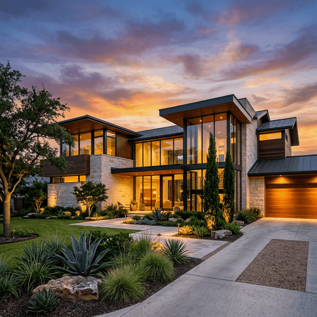 Stunning modern Texas luxury home exterior at sunset with clean architectural lines