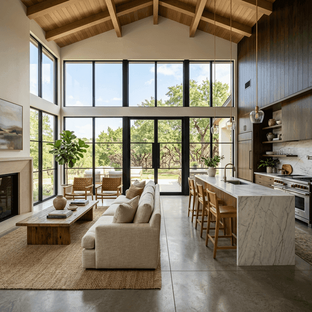 Bright and airy luxury modern open-concept living room and kitchen in a Texas home