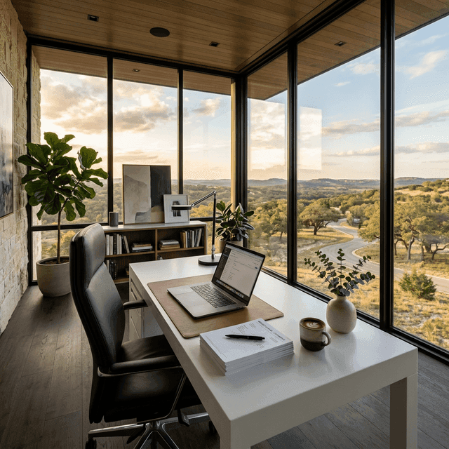 Modern home office overlooking Texas Hill Country with laptop and bank statements on desk