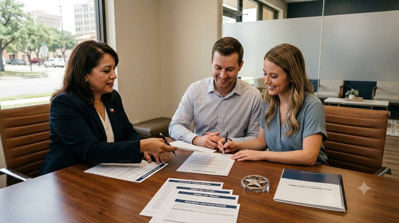 Texas loan officer reviewing a Closing Disclosure and escrow instructions with a couple signing mortgage documents