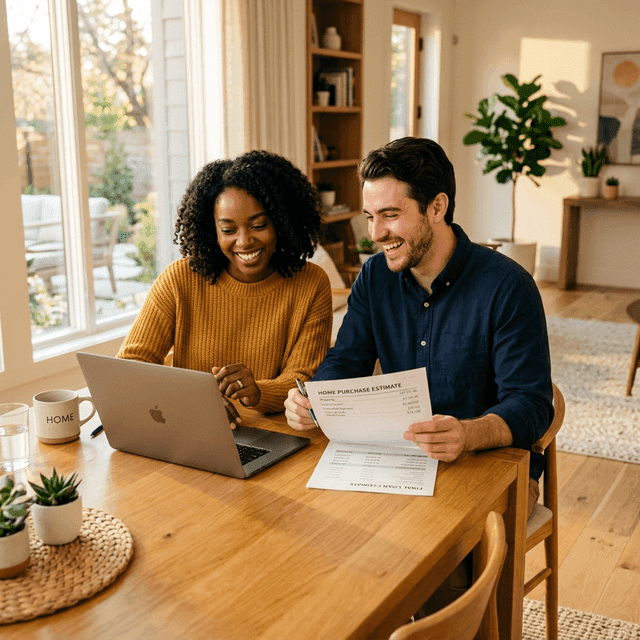 Happy couple reviewing their mortgage loan estimate at the dining table