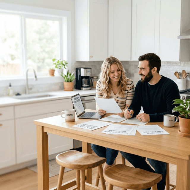 Couple reviewing Texas mortgage loan documents with advisor