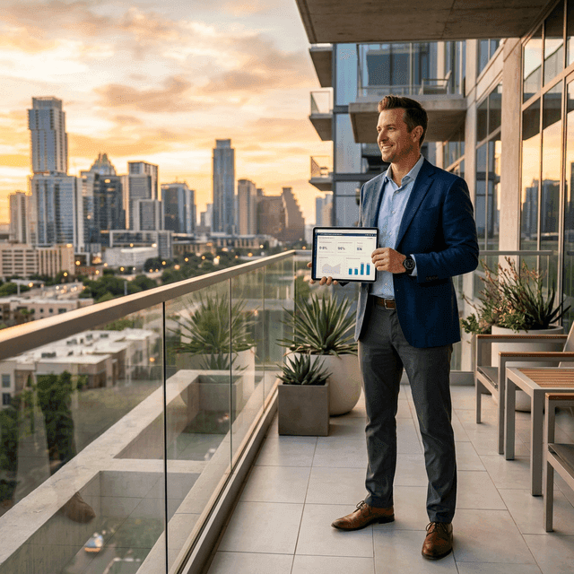Texas real estate investor analyzing rental property portfolio on balcony overlooking city skyline at sunset