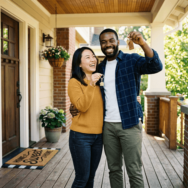 Joyful young diverse couple cheerfully holding up the keys to their first home on their bright front porch