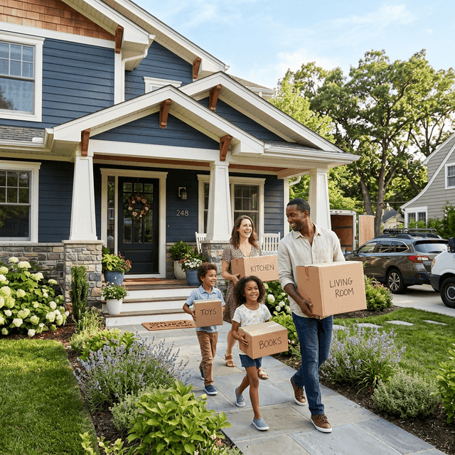 Happy diverse family moving into their new modern craftsman home