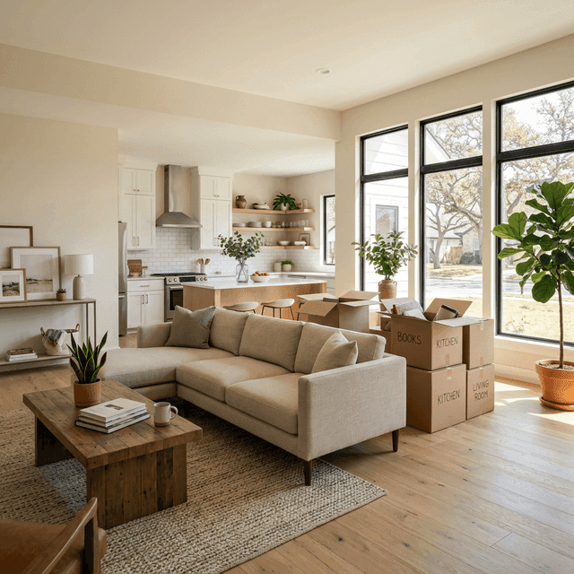 Modern starter home interior in Texas with open concept living space