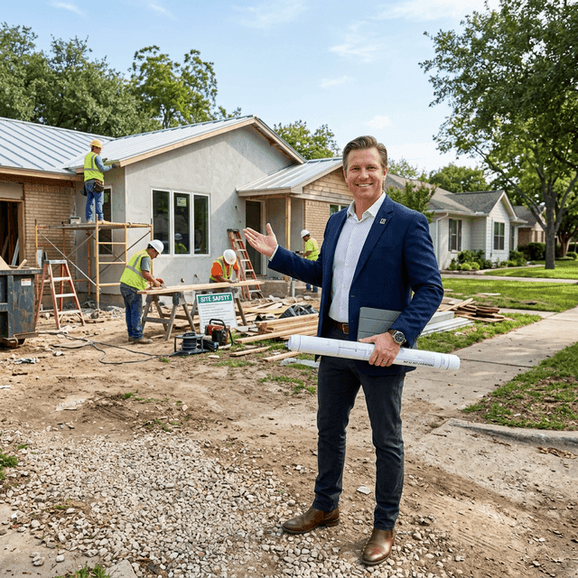 Real estate investor reviewing renovation blueprints at a Texas rehab project