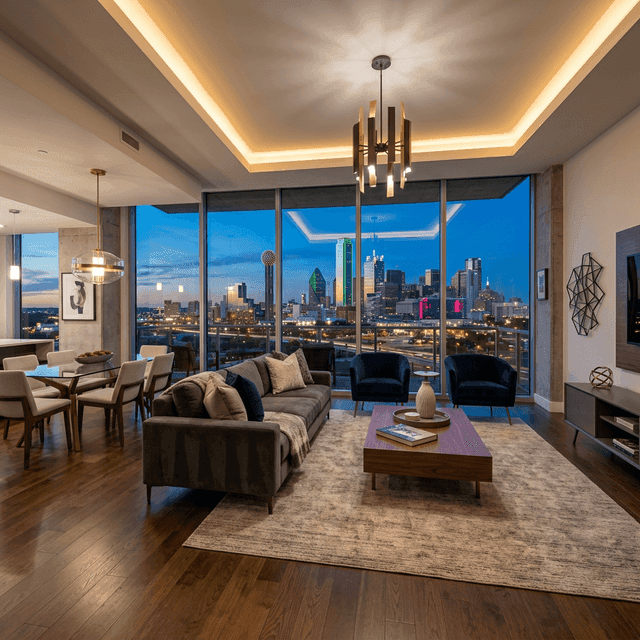 Luxury high-rise condo interior with Texas city skyline views