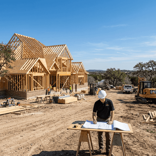 New custom home under construction in Texas with builder reviewing blueprints