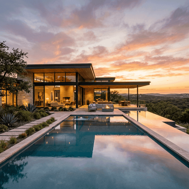 Luxury modern architectural home at sunset with pool in Texas