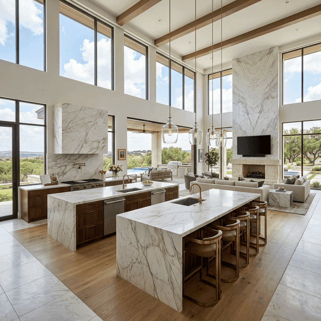 Magnificent high-end ultra-luxury modern huge kitchen and great room in a Texas mega-mansion