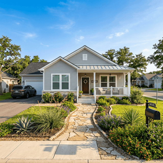 Modern manufactured home in Texas with landscaped yard