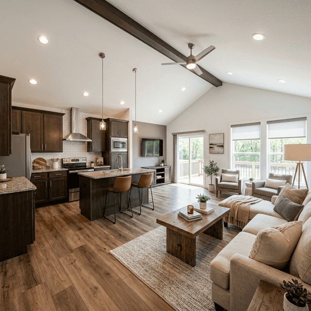 Modern manufactured home open-concept kitchen and living room in Texas