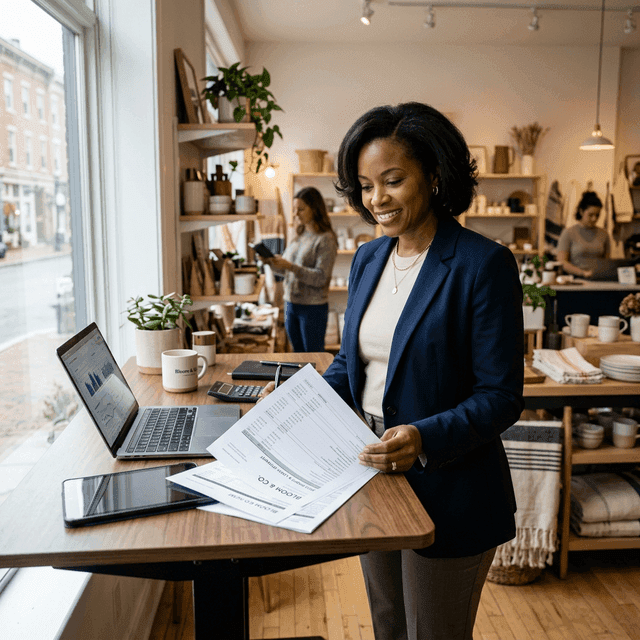 Small business owner reviewing P&L statement