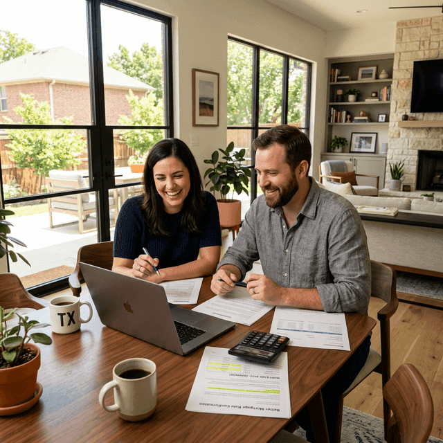 Couple reviewing refinance documents in Texas home