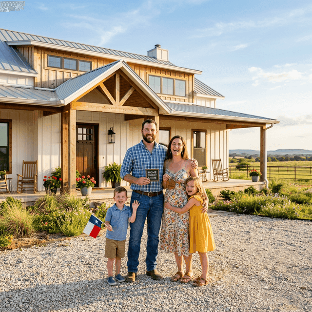 Joyful family standing in front of their beautiful modern rural Texas farmhouse