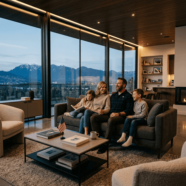 Happy veteran and family relaxing in a modern luxury glass-walled home